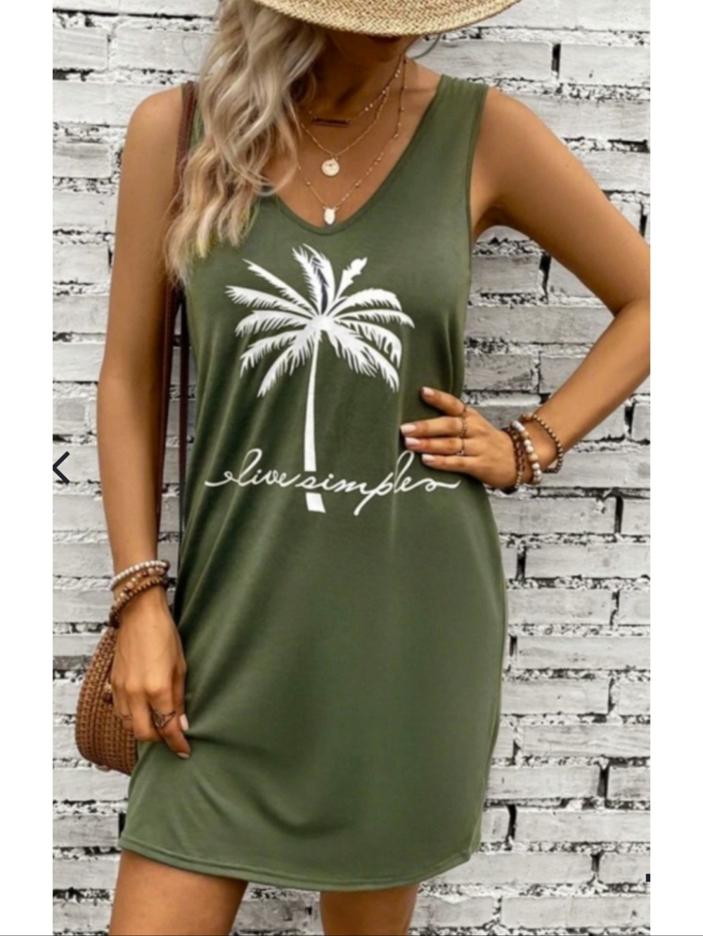 Shein "Live Simple" Palm Tree Print Tank Dress Olive Green Size 6